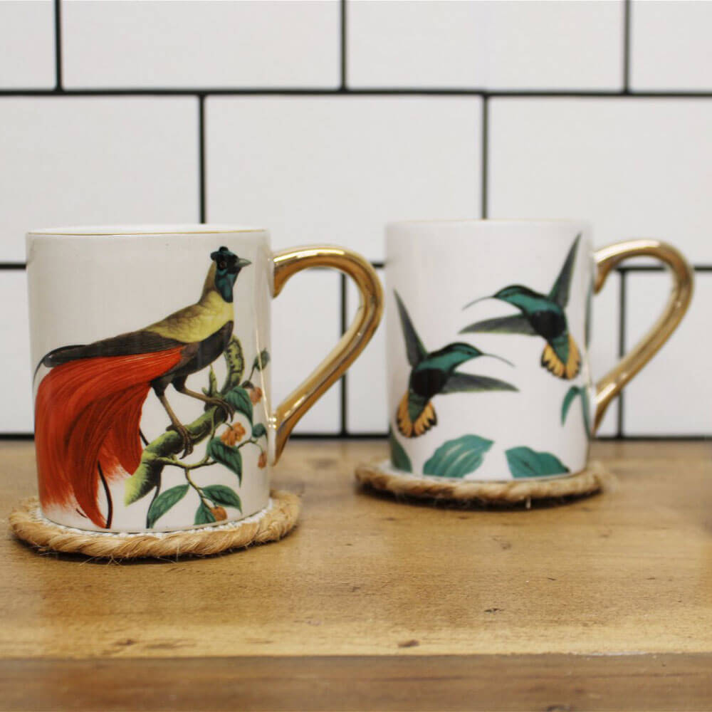 Birds of Paradise Mugs with gold handles