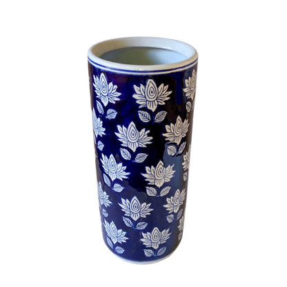 Blue Umbrella Stand with White Flower Design