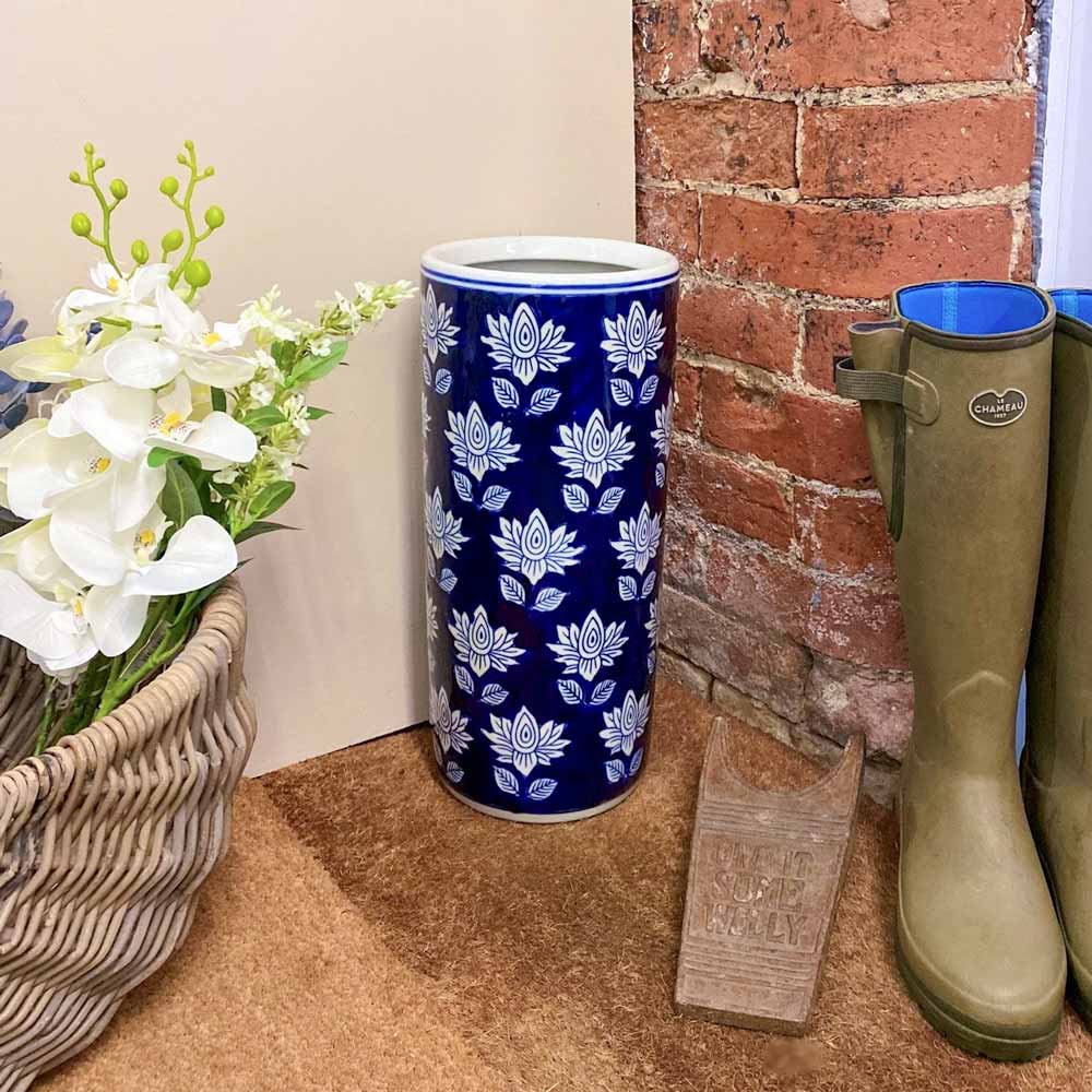 White Flower Patterned Blue Umbrella Stand