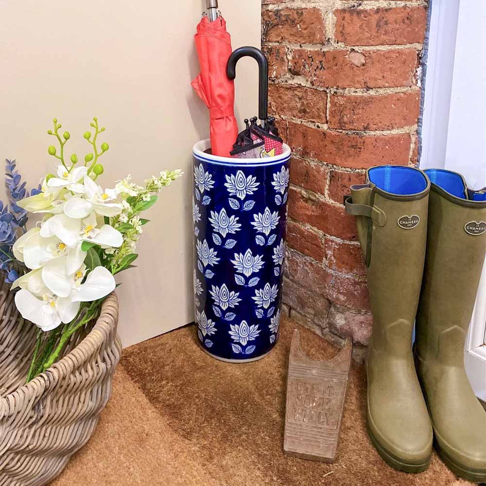 Blue Umbrella Holder with White Floral Motif