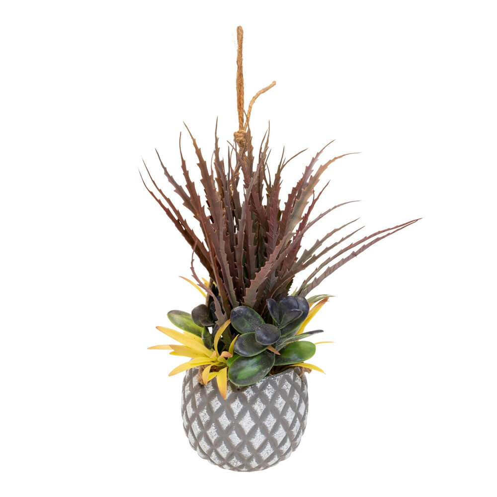 Hanging Grey Lattice Pot with artificial Succulents white background