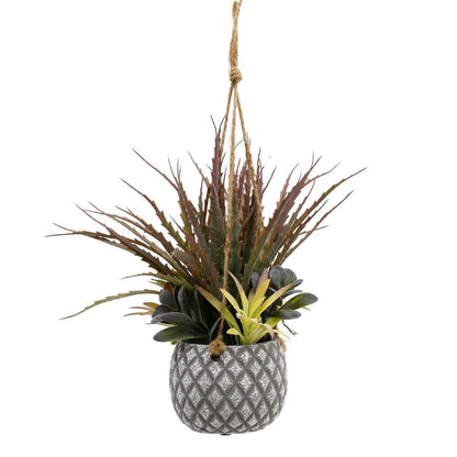 A hanging Grey Lattice design pot with artificial Succulents