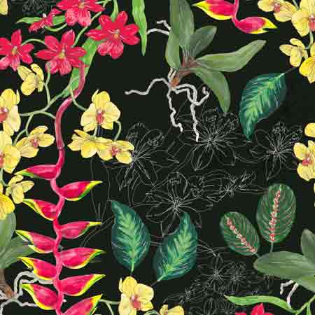 Heliconia fabric design by Jasmine Yahkup: a tropical paradise captured in textile.