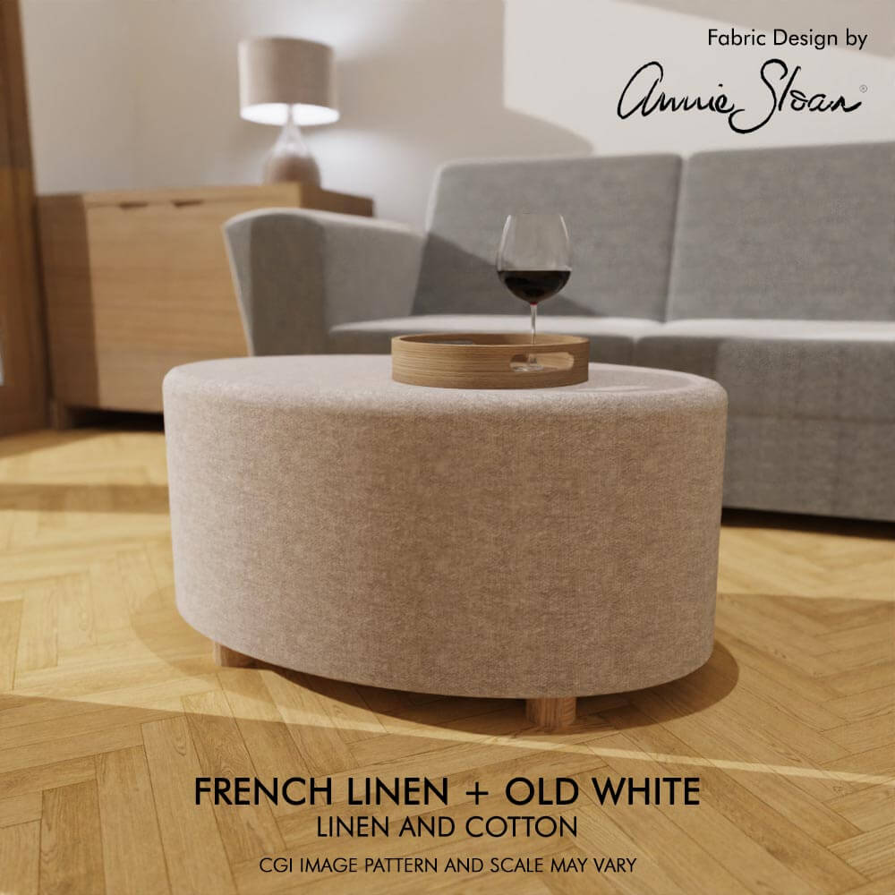 Oval coffee table footstool showcasing Annie Sloan's linen union fabric selection French Linen and Old White, adding a touch of timeless sophistication to any space.