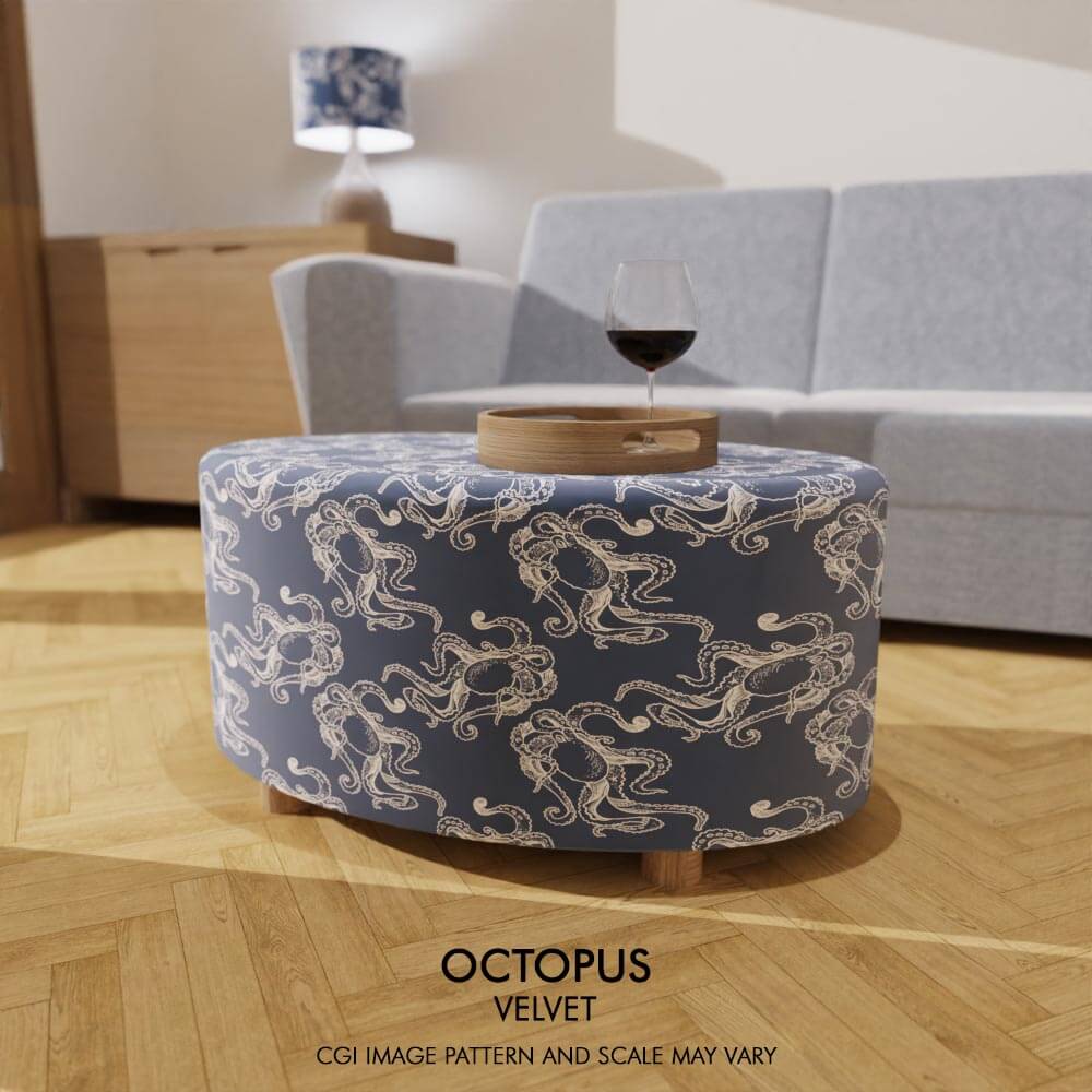 Oval coffee table footstool upholstered in plush velvet with Octopus design, infusing the room with the mystique and charm of the deep sea.