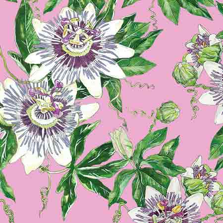 Pink Passion Flower fabric design by Jasmine Yahkup: a delicate fusion of elegance and botanical beauty.