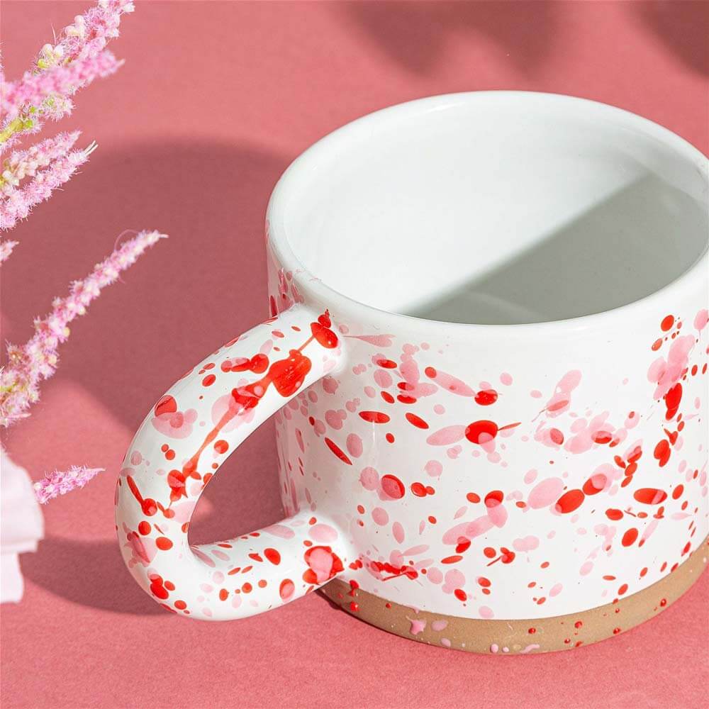 Pink and Red Splatterware Mug shot of handle