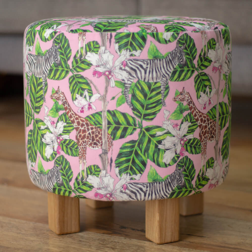 Round Footstool in Jasmine Yahkup designer velvet fabric Tropical Safari pattern