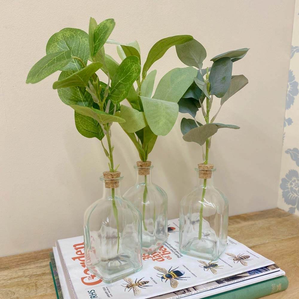 Set of Three Artificial Leaves In glass Vases 