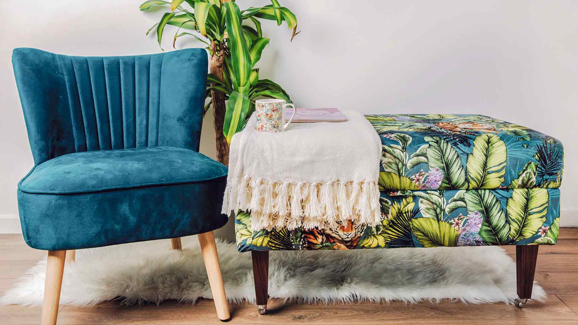 Home Page Image showing storage coffee table footstool upholstered in velvet jungle tiger fabric