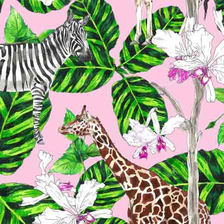 Tropical Safari fabric design by Jasmine Yahkup: showcasing giraffes and zebras