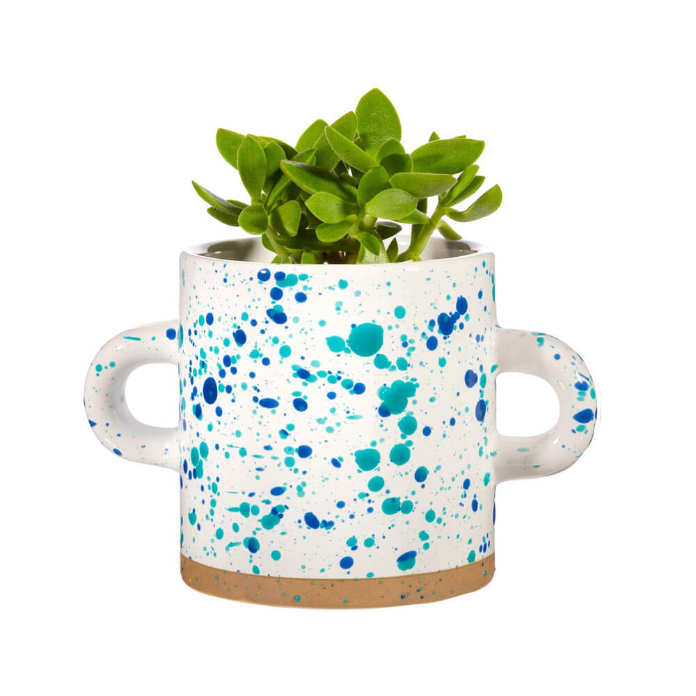 Turquoise and Blue Splatterware Planter shown with a plant inside